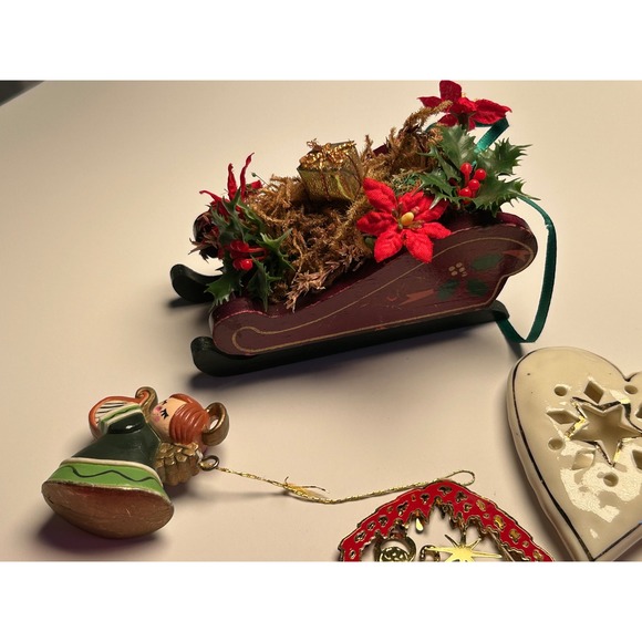 Vintage 15  Christmas Ornaments Lot, Wooden, Metal, Sleigh, Nativity, Angels - Picture 6 of 7